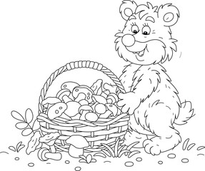 Funny bear mushroomer with a big wicker basket full of picked mushrooms from a summer forest, black and white outline vector cartoon illustration