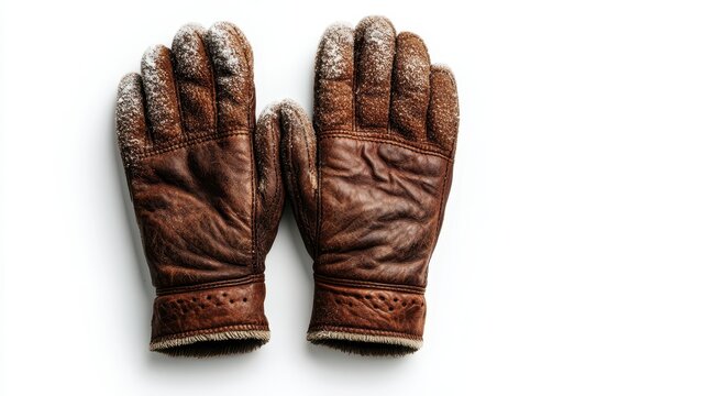 A pair of dark brown winter gloves rests against a pristine white backdrop, offering a blank canvas for text, graphics, or design elements, creating a sense of warmth, comfort, and wintery