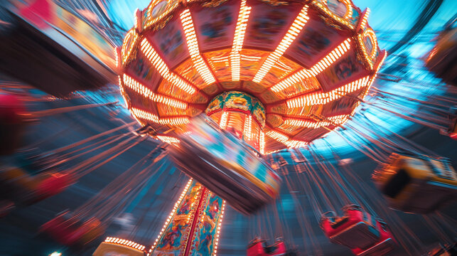 Vibrant fairground carousel ride spinning colorful swings dynamic motion blurred festive atmosphere