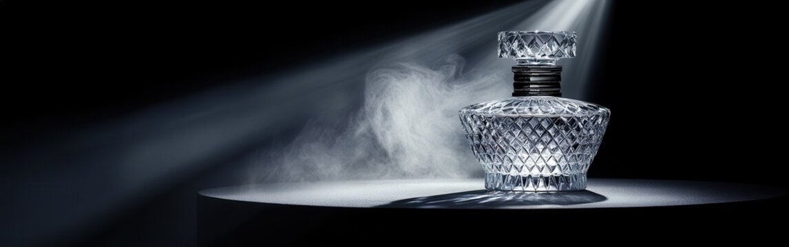 Elegant perfume bottle illuminated with soft lighting and mist