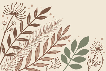 Naklejka premium Elegant vector illustration of diverse plants and leaves in soft tones designed for a nature-inspired decor or branding project