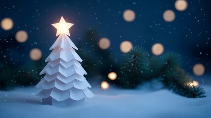 Illuminated Paper Christmas Tree - Festive winter scene, paper art, illuminated tree, snowy landscape, holiday spirit. Symbolizing: peace, hope, joy, celebration, tradition
