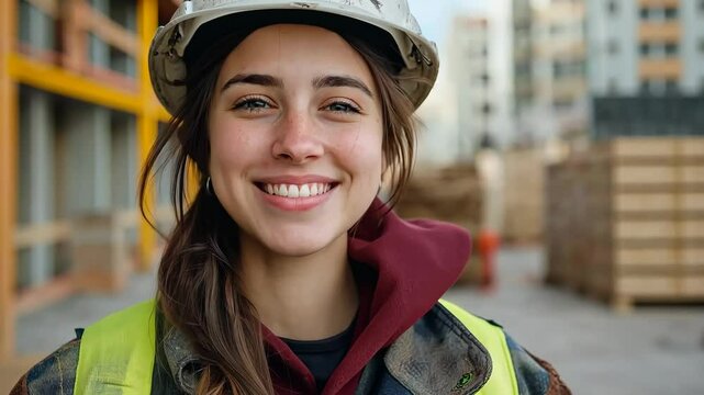 Woman wearing a hard hat and safety vest is smiling. She is wearing a red sweatshirt and a yellow vest
