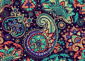 Seamless paisley pattern in Oriental style with floral and ethnic motifs for printed fabric, wallpaper, and packaging