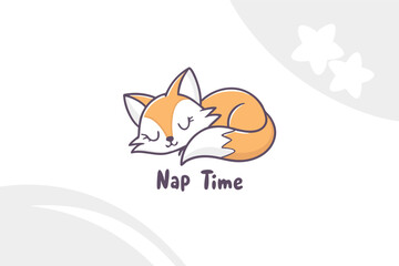 Cute fox illustration napping on a fluffy cloud with playful typography emphasizing a cheerful nap time theme