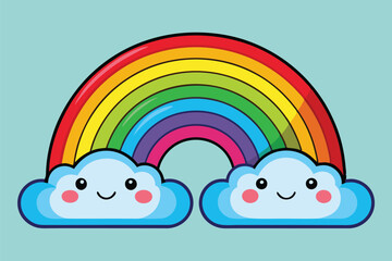 Colorful rainbow with smiling clouds against a blue sky providing a cheerful atmosphere perfect for children's designs and illustrations