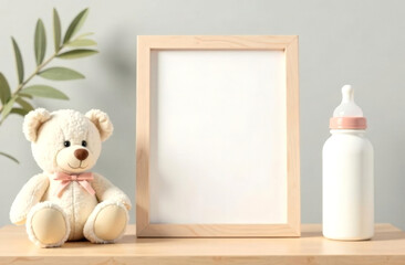 Children's room interior with a photo frame mockup on the table, a teddy bear and a baby bottle.