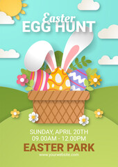 Easter Egg Hunt background with paper cut bunny, flowers and eggs. Vector illustration.