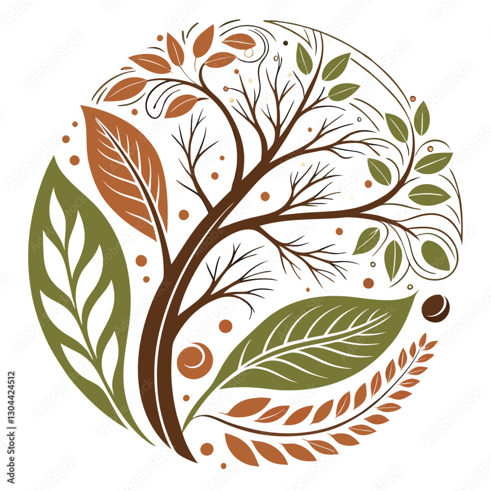 Poster Graphic representation of a circular tree design incorporating diverse foliage and dynamic patterns with earthy tones and a clean vector style