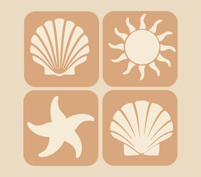 Sea shell icon - four variations. icons and symbols, sea, ocean, beach and surfing. Sun, seashell. geometric abstract design elements for decoration. sunshine icon. .Editable vector illustration