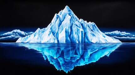 Obraz premium Majestic Iceberg Reflection - A stunning iceberg rises from dark blue water, its reflection mirroring its majestic form against a black background