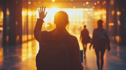 a woman standing in the foreground, seen from behind, waving goodbye to people walking away in the distance