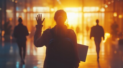 a woman standing in the foreground, seen from behind, waving goodbye to people walking away in the distance