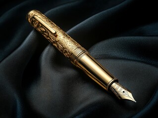 Naklejka premium Elegant gold fountain pen resting on black silk fabric