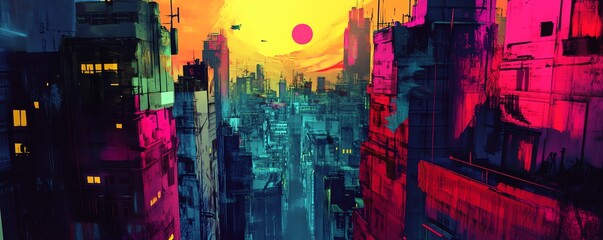 Vibrant digital painting of a futuristic city at sunset.  Bold colors and unique architectural styles create a striking cyberpunk aesthetic.