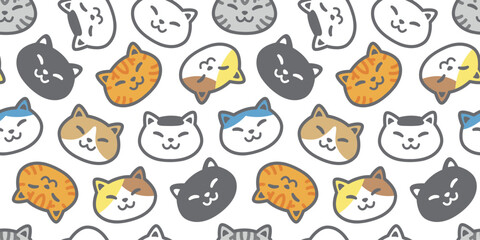 cat seamless pattern smiling face head kitten calico cartoon doodle pet tile background gift wrapping paper repeat wallpaper illustration