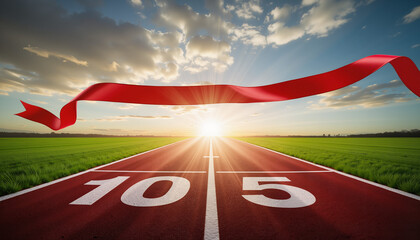 Finish line tape on running track at sunrise
