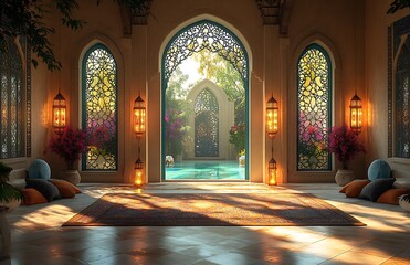  Elegant Interior with Arched Windows Lanterns and a Poolside View