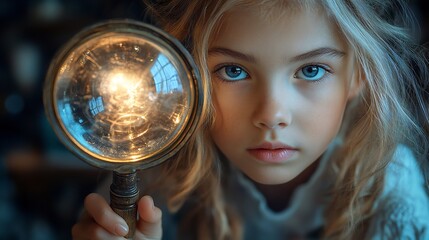 XXL Photorealistic Image of Young Girl in Wonder with Magnifying Glass in Soft Natural Light, Capturing Curiosity and Fascination for Scientific Discovery, Education Theme