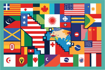 World map illustration featuring various global flags showcasing international unity and diversity through vibrant colors and engaging design elements