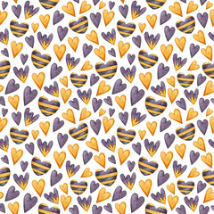 Seamless pattern with hand-drawn watercolor Hearts illustrations. Texture for wrapping paper, fabric, decor. White background. 