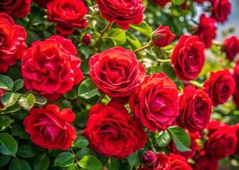 Obraz premium Aerial View of Vibrant Red Rose Bush in Full Bloom - Garden Flowers