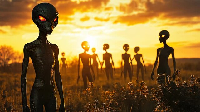 Mysterious extraterrestrial beings gather in a sunset landscape