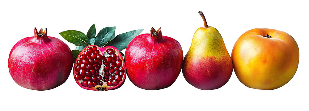 Fruit variety featuring pomegranates, peaches, and pears spece showcasing their vibrant colors isolated on a PNG background