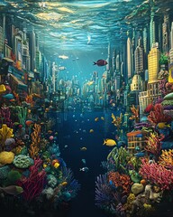 Surreal underwater cityscape with vibrant coral reefs and diverse fish.  A fantasy blend of architecture and marine life.