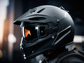 Fototapeta premium Sleek Matte Black Motorcycle Helmet: Striking Profile, Integrated Goggles