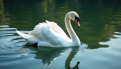Fototapeta premium Elegant swan glides on tranquil lake, creating soft ripples , freedom, water, avian
