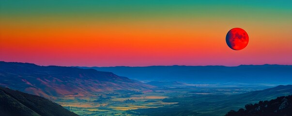 Breathtaking Red Moon Over Vibrant Sunset Mountain Landscape