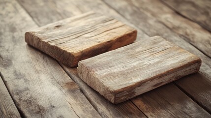 Two rustic wooden pieces, their weathered surfaces hinting at a life well-lived, rest on a pristine wooden floor, offering ample copy space to showcase your product or message.