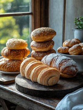 Deliciosos panes reci&eacute;n horneados sobre una mesa r&uacute;stica, iluminados por la luz natural que entra por la ventana.