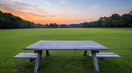 Obraz premium Wooden Picnic Table in a Green Field at Sunrise