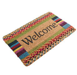Colorful welcome mat with decorative border on a white background.