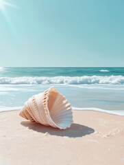 Obraz premium Beautiful seashell resting on a sandy beach by the ocean