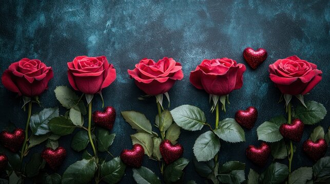 Red roses, hearts, dark background, Valentine's Day, greeting card