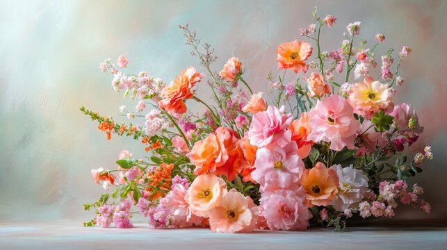 A tranquil still life, featuring a vibrant floral composition against a soft, diffused background, offering ample copy space for text or design elements, inviting the viewer to explore and enhance