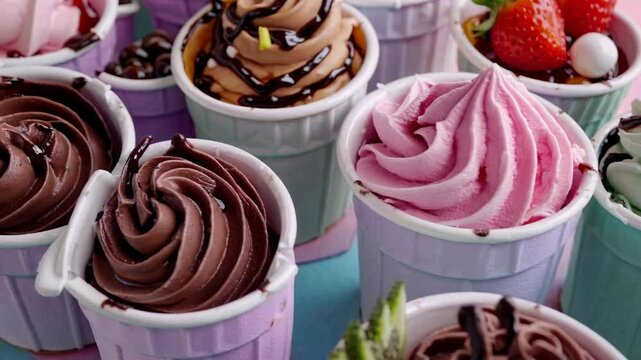 Colorful ice cream cups with toppings, captured from a high-angle view. The vibrant setup resembles a fun, playful video thumbnail.