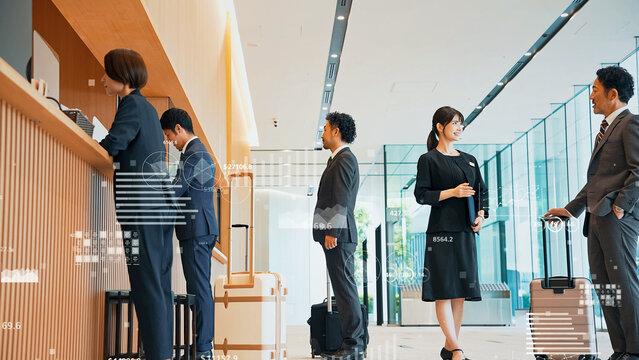 ロビーに並ぶ人々と統計データイメージ
