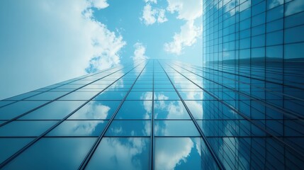 Skyward view of modern skyscraper in urban landscape architectural photography