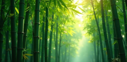 Dense bamboo stalks, dappled sunlight filters through leaves, nature, background