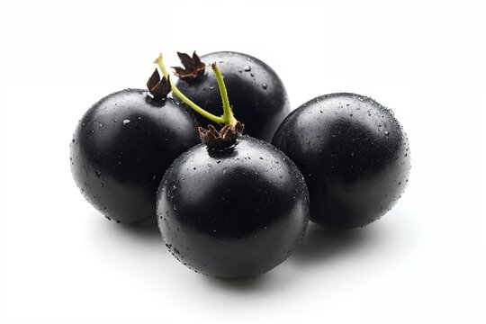 Cuatro frutos negros brillantes con gotas de agua, mostrando frescura y naturalidad.