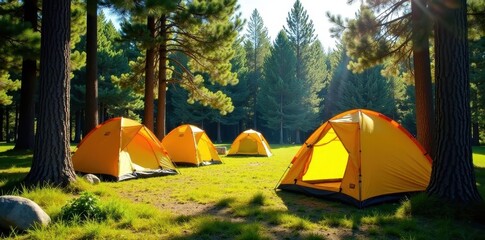 Bright yellow tents nestled amongst tall pines, summer sun dappled light , majestic, shadows
