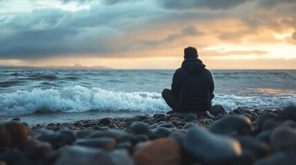 Man sitting on rocky beach watching sunset over ocean waves