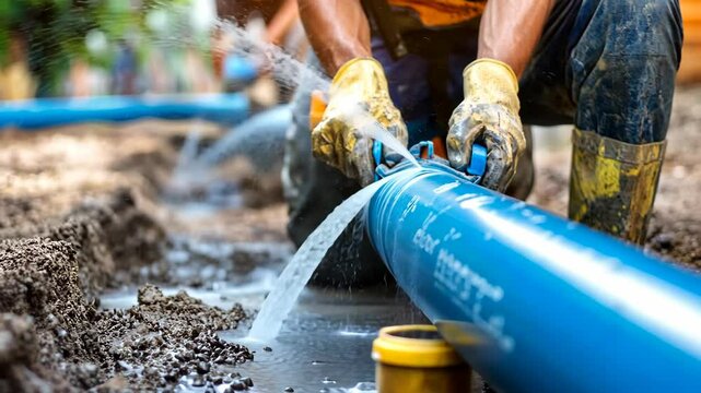 Workers repair a broken water pipe in an outdoor construction site during daylight hours