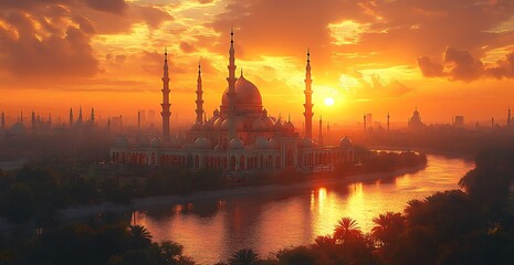Majestic Mosque Silhouetted Against a Sunset with River Reflection