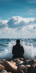 Man sits on rocks by the ocean enjoying the waves in daylight