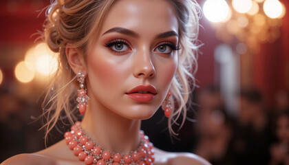 Fototapeta premium Stunning woman adorned with coral jewelry and elegant makeup, captivating portrait in luxurious evening setting